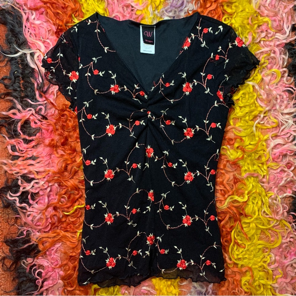 Y2K Coquette Gathered Bustline Embroidered Top lettuce hem milkmaid girlhood